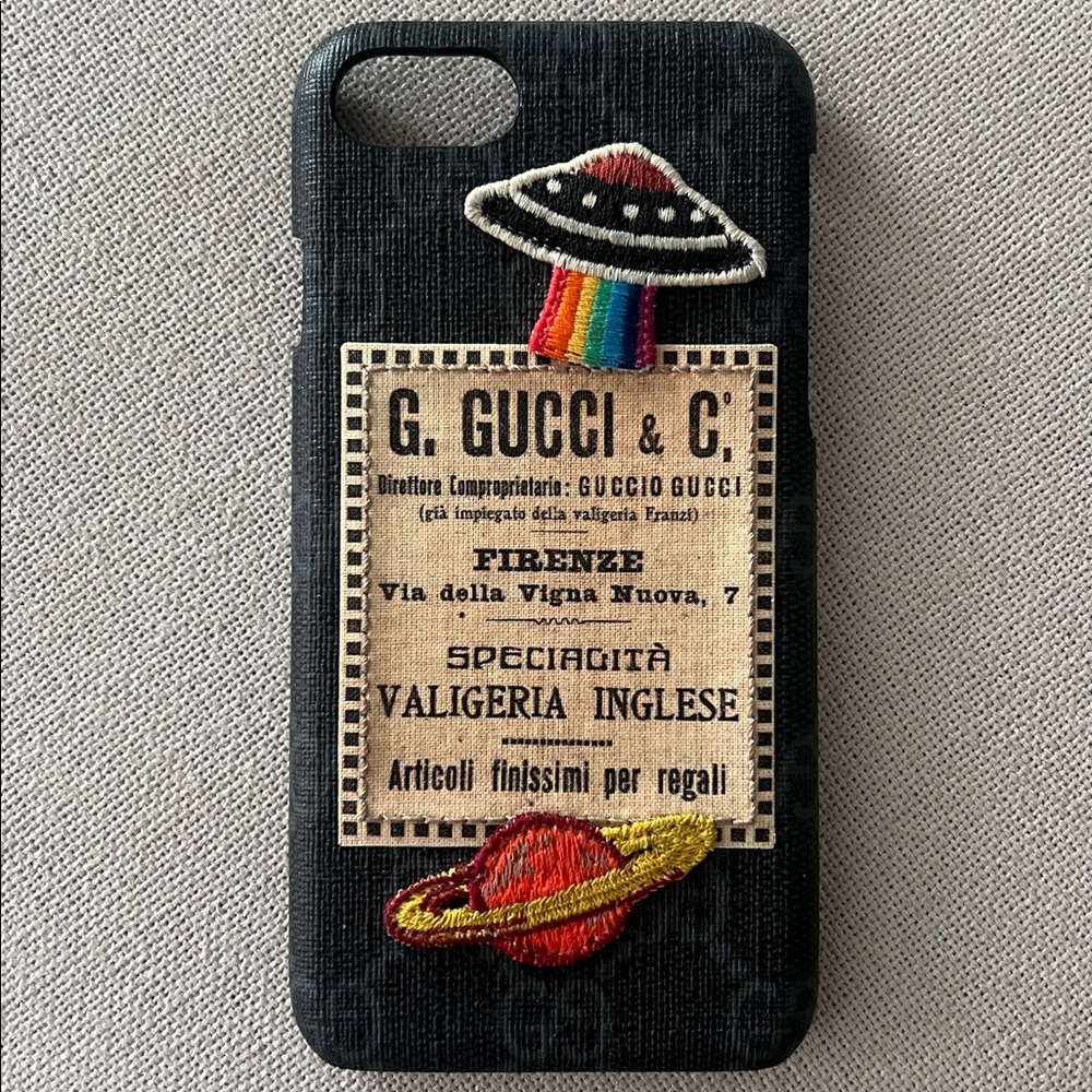 Gucci iPhone Case Black Supreme Patch Spaceship UFO Rainbow Italian Logo NEW